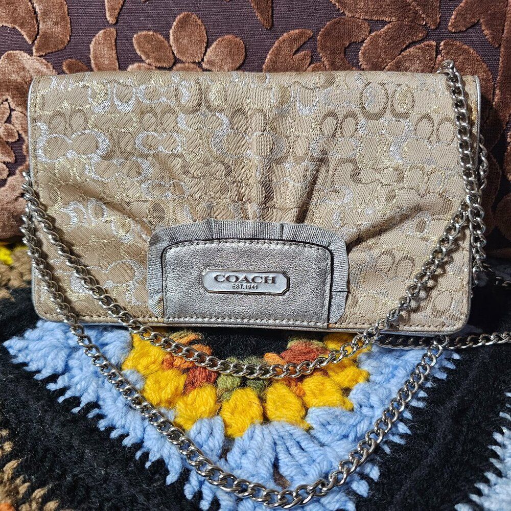 Vintage Coach Y2K Lurex Signature Optic Art Clutch Bag Purse in Metallic Gold